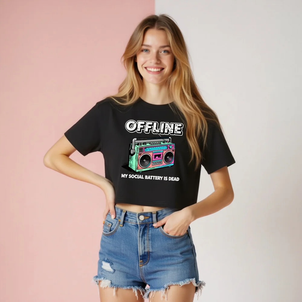 Offline Social Battery Dead Crop Top for Women - Vintage Boombox Graphic Tee - Image 8