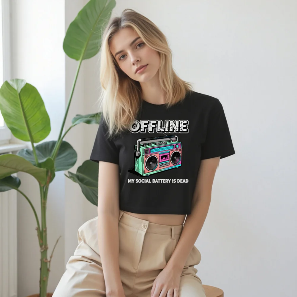 Offline Social Battery Dead Crop Top for Women - Vintage Boombox Graphic Tee - Image 9
