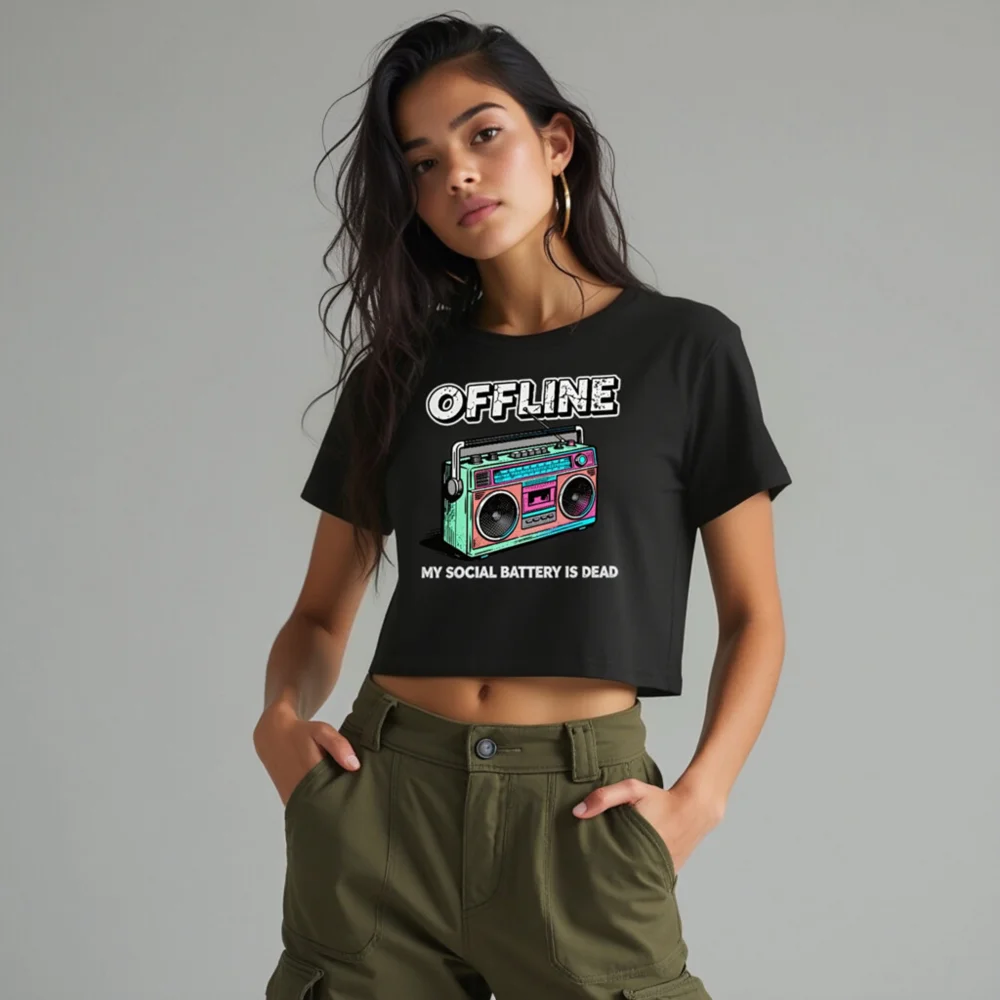 Offline Social Battery Dead Crop Top for Women - Vintage Boombox Graphic Tee - Image 10