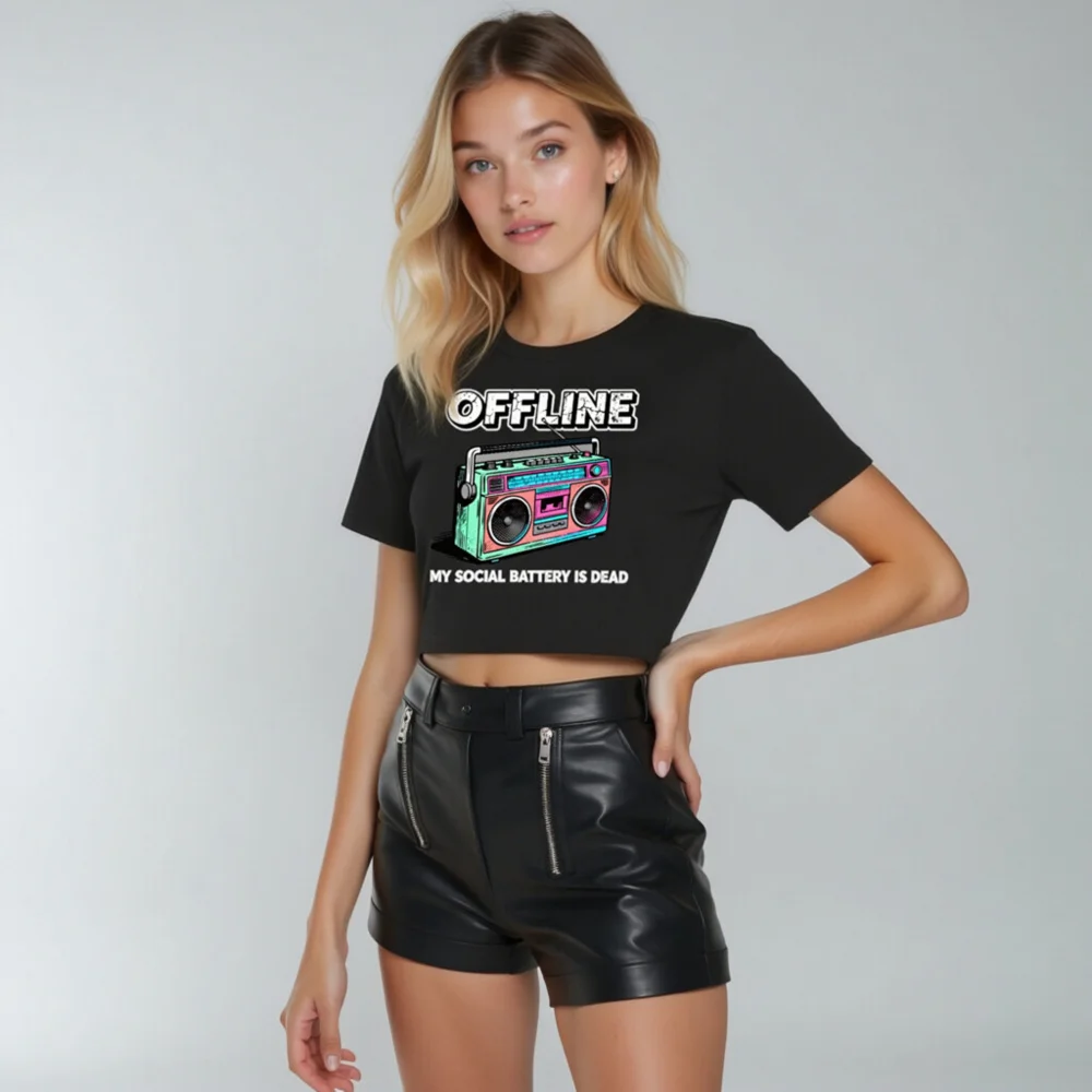 Offline Social Battery Dead Crop Top for Women - Vintage Boombox Graphic Tee - Image 11