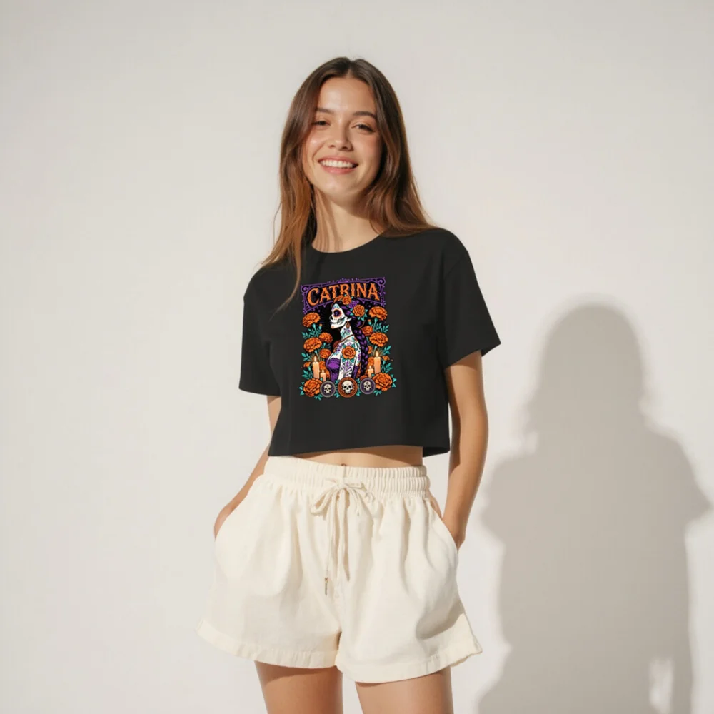 Catrina Day of the Dead Crop Top for Women - Gothic Sugar Skull Tee - Image 4