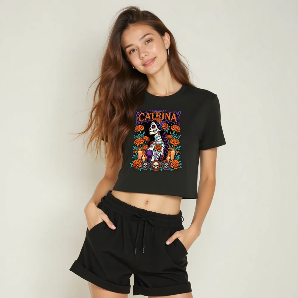 Catrina Day of the Dead Crop Top for Women - Gothic Sugar Skull Tee - Image 6