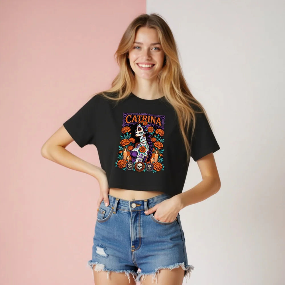 Catrina Day of the Dead Crop Top for Women - Gothic Sugar Skull Tee - Image 8