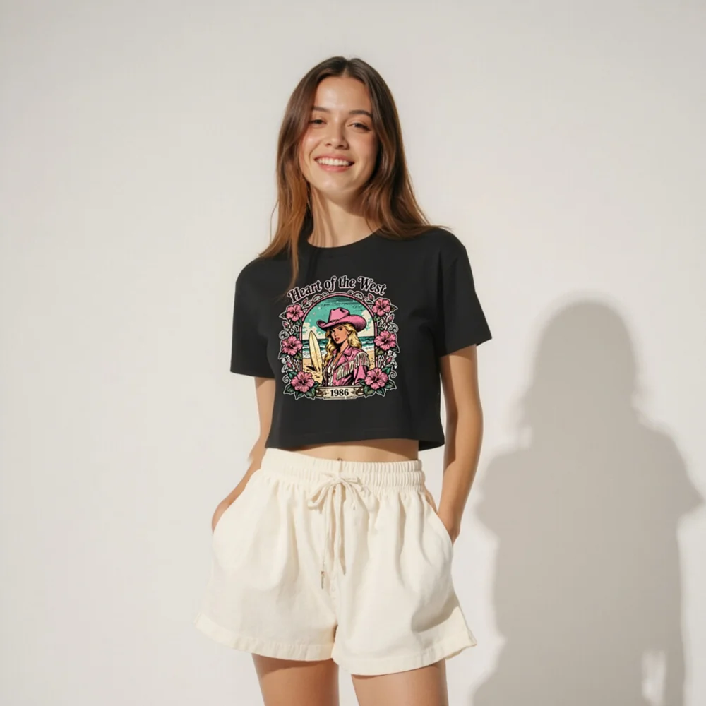 Heart of the West 1986 Women's Cropped T-Shirt - Vintage Surf Cowgirl Graphic - Image 4