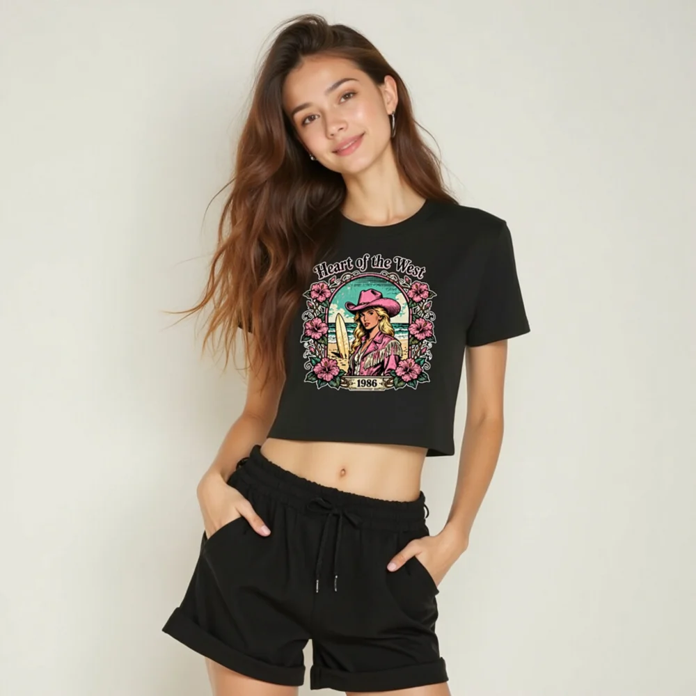 Heart of the West 1986 Women's Cropped T-Shirt - Vintage Surf Cowgirl Graphic - Image 6