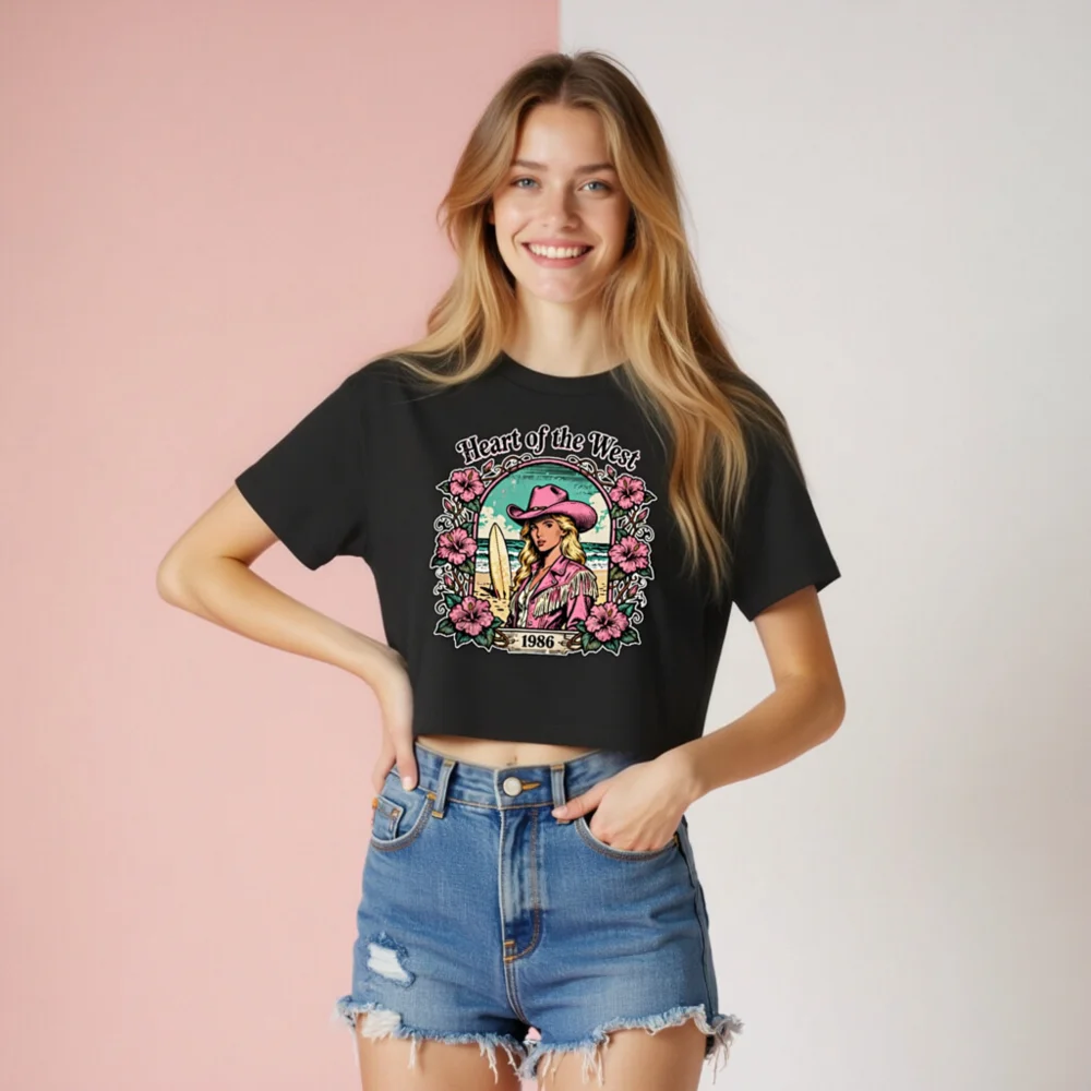 Heart of the West 1986 Women's Cropped T-Shirt - Vintage Surf Cowgirl Graphic - Image 8
