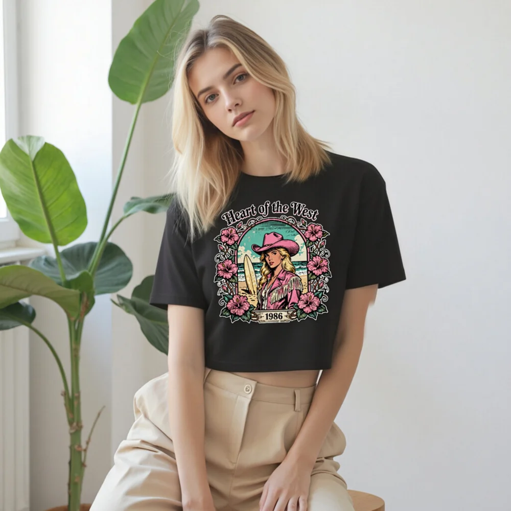 Heart of the West 1986 Women's Cropped T-Shirt - Vintage Surf Cowgirl Graphic - Image 9