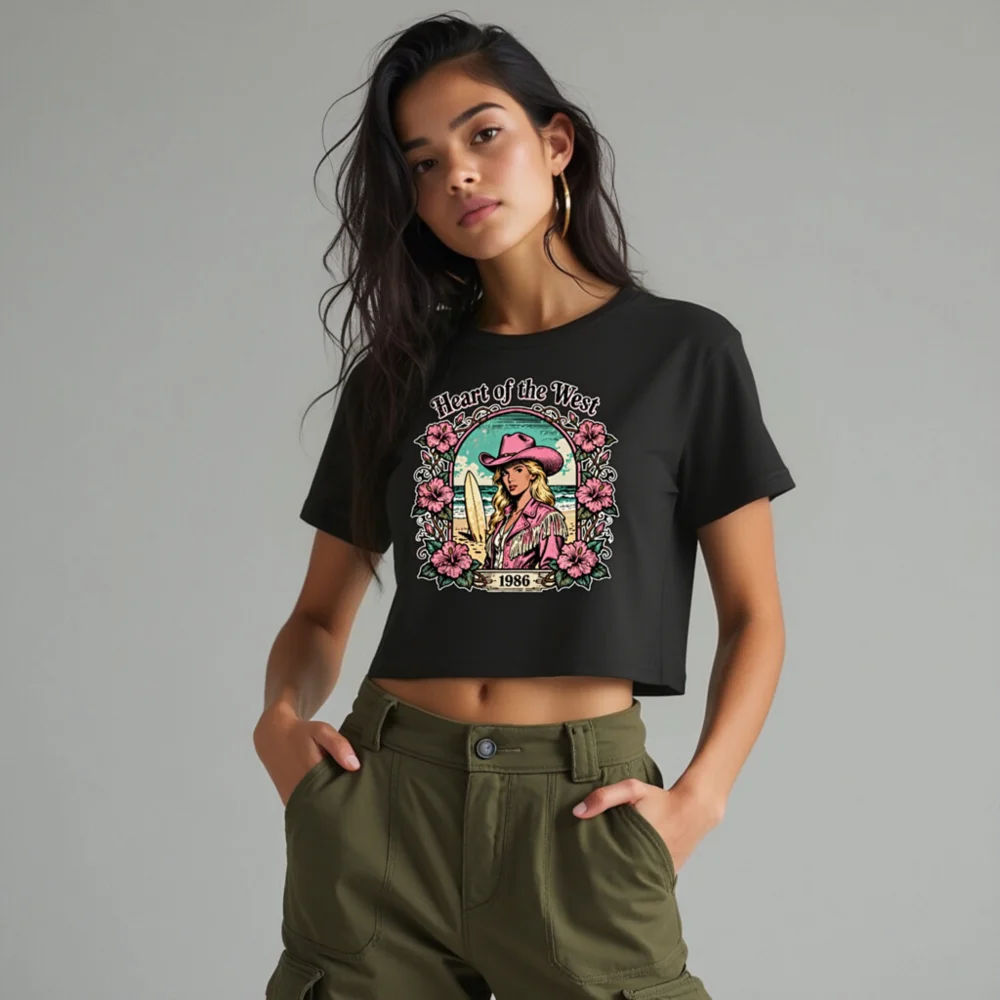 Heart of the West 1986 Women's Cropped T-Shirt - Vintage Surf Cowgirl Graphic - Image 10
