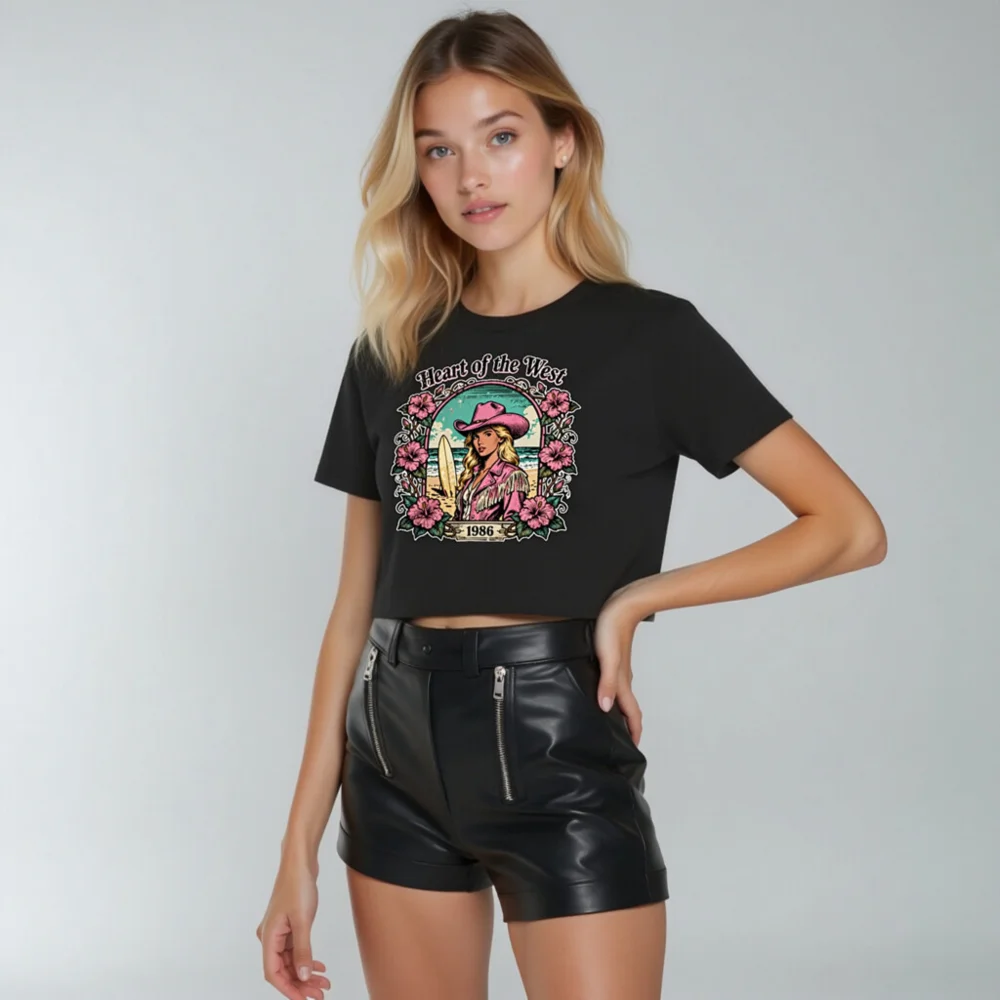 Heart of the West 1986 Women's Cropped T-Shirt - Vintage Surf Cowgirl Graphic - Image 11