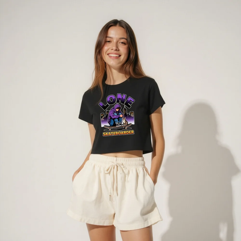 Lone Skateboarder Crop Top for Women – Graphic Streetwear Tee - Image 4