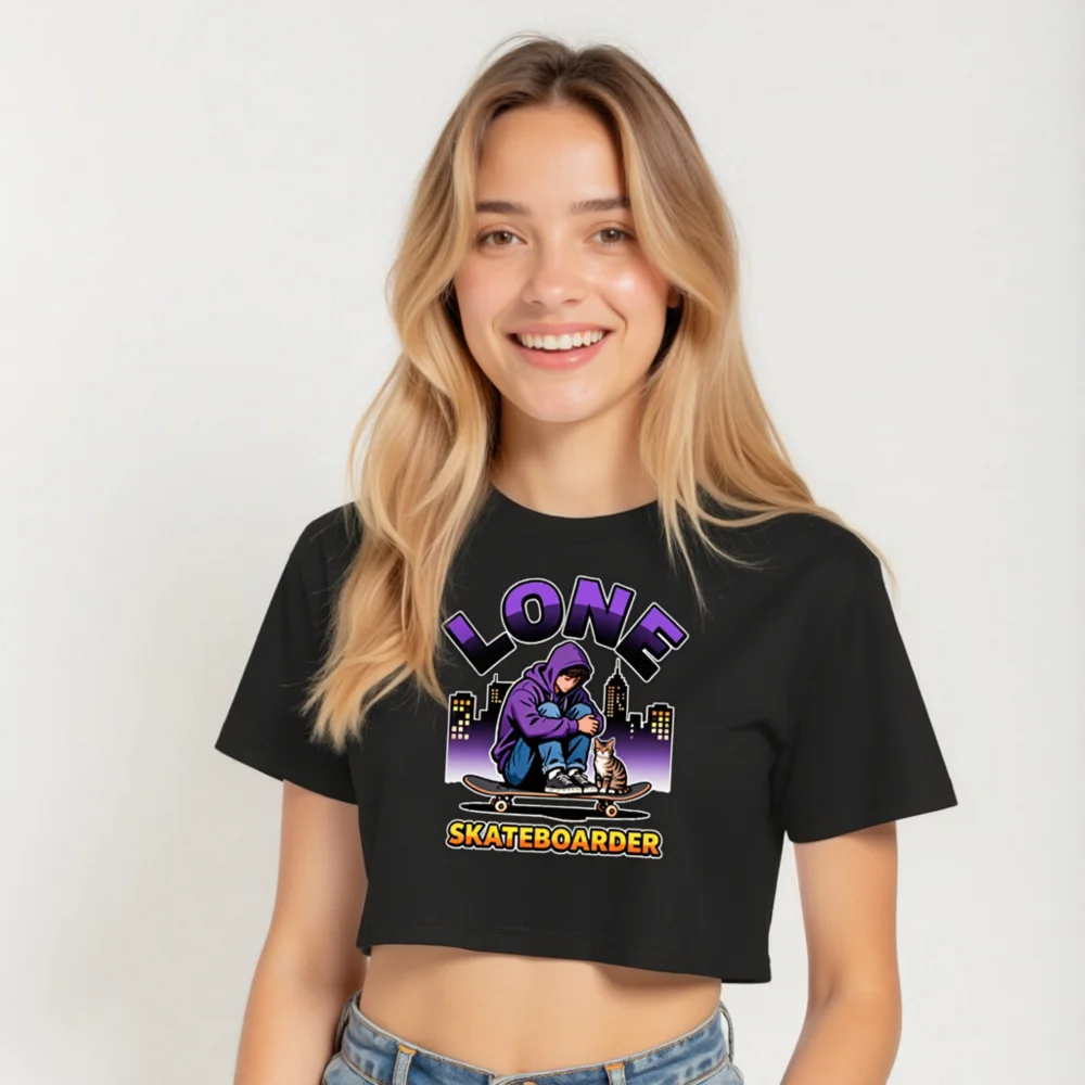 Lone Skateboarder Crop Top for Women – Graphic Streetwear Tee - Image 5