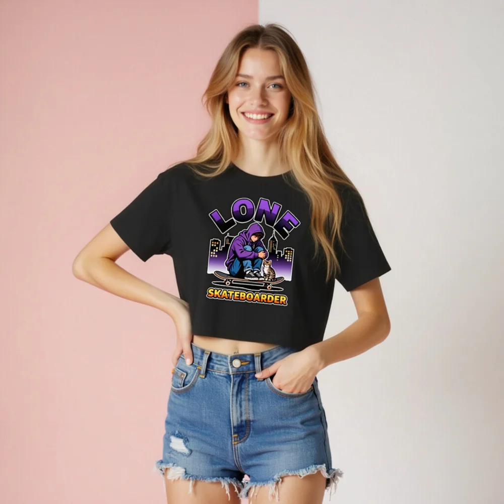 Lone Skateboarder Crop Top for Women – Graphic Streetwear Tee - Image 8