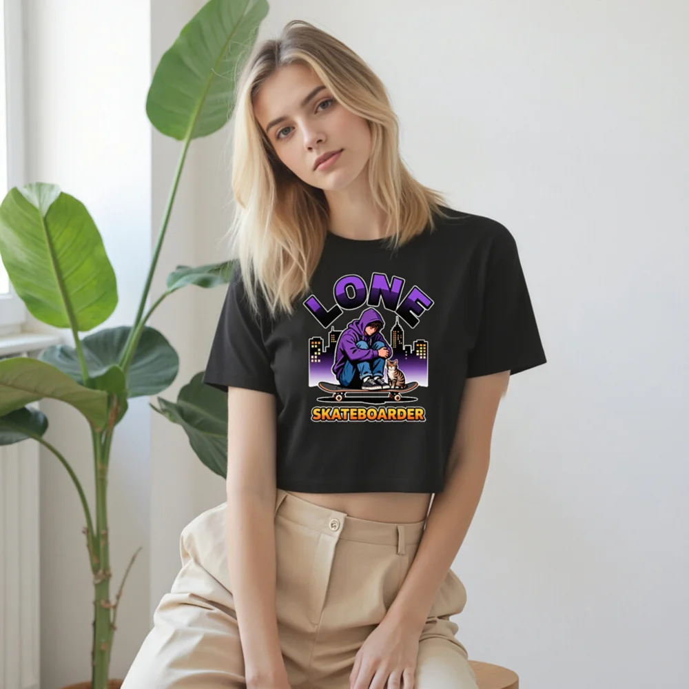 Lone Skateboarder Crop Top for Women – Graphic Streetwear Tee - Image 9