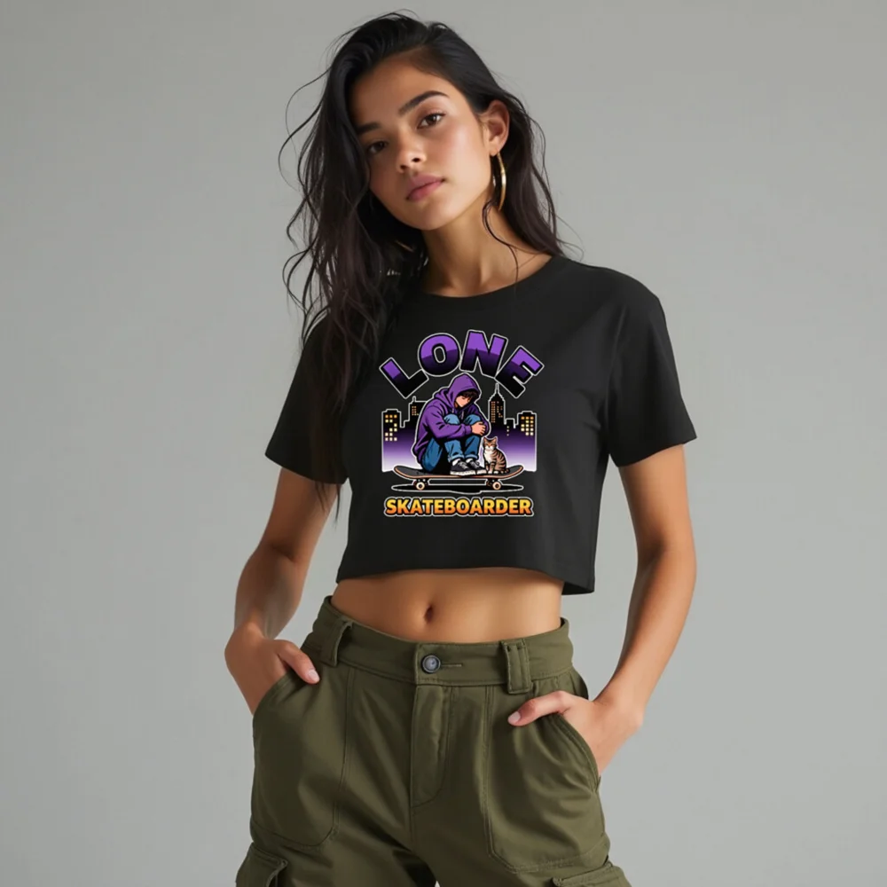 Lone Skateboarder Crop Top for Women – Graphic Streetwear Tee - Image 10