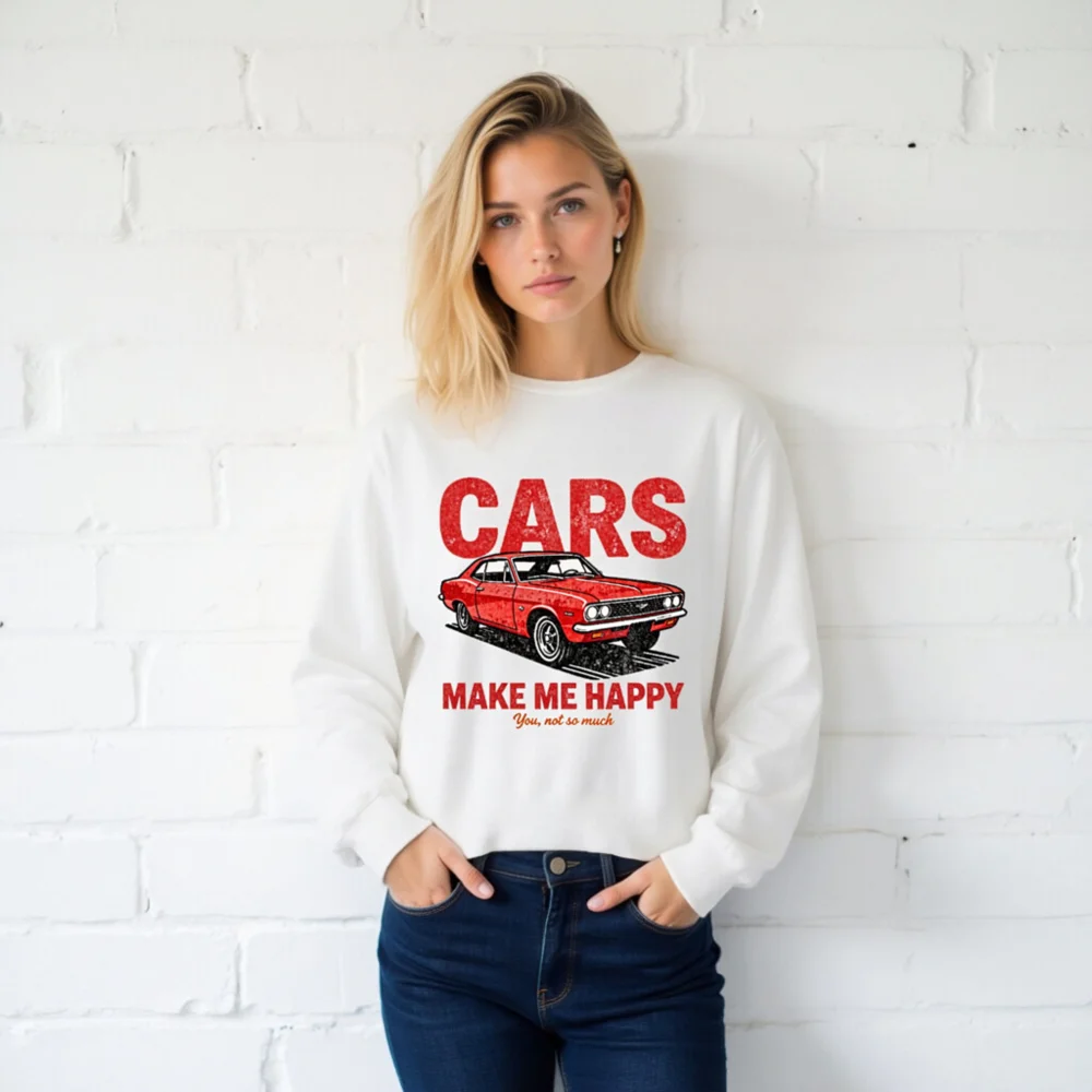 Cars Make Me Happy Long Sleeve Tee – Unisex Vintage Car Graphic Shirt - Image 2