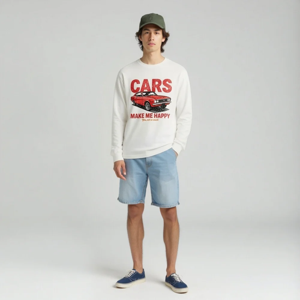 Cars Make Me Happy Long Sleeve Tee – Unisex Vintage Car Graphic Shirt - Image 3