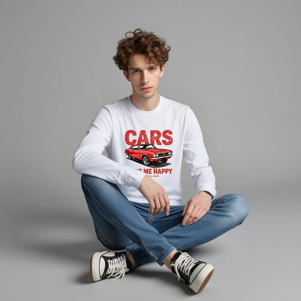 Cars Make Me Happy Long Sleeve Tee – Unisex Vintage Car Graphic Shirt - Image 4
