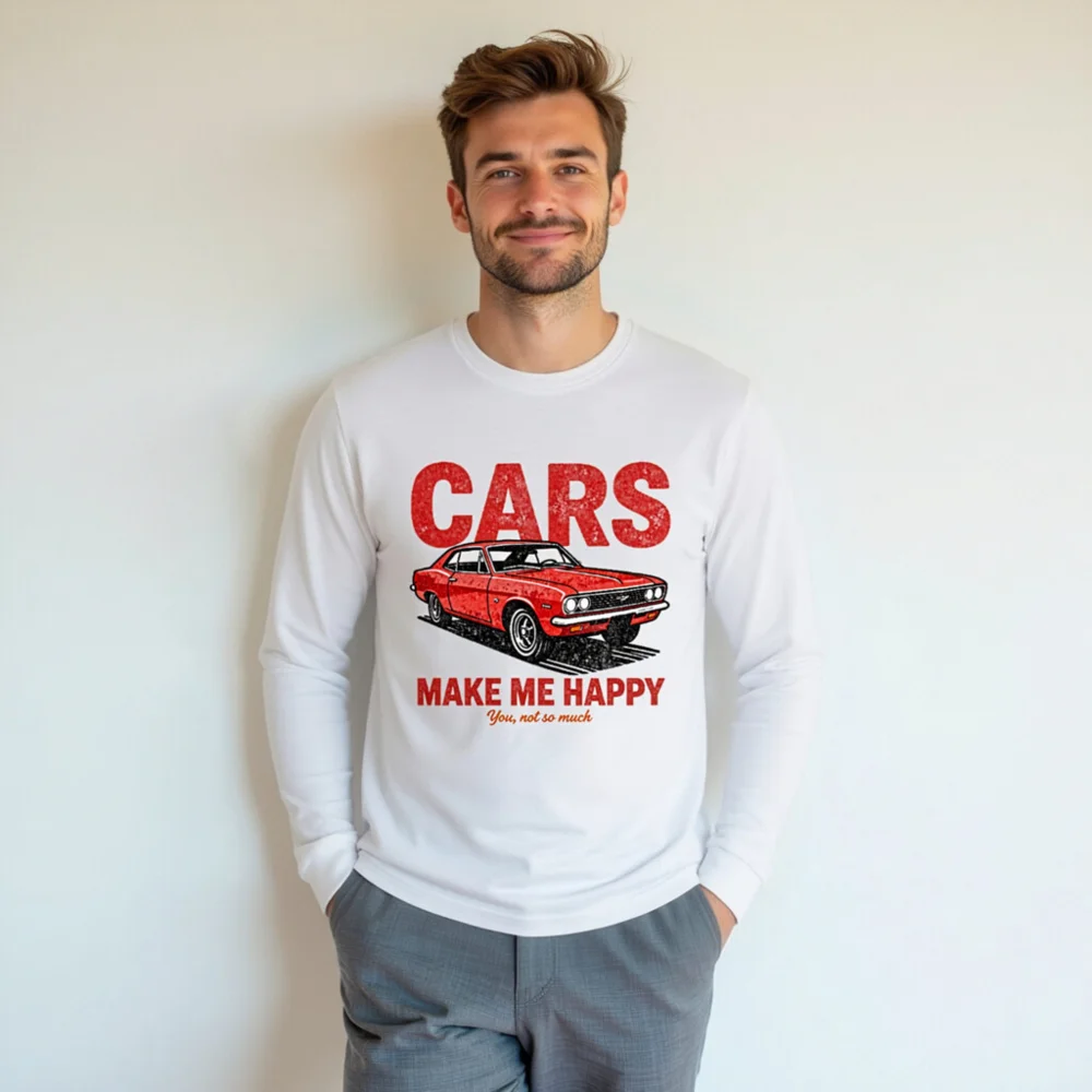 Cars Make Me Happy Long Sleeve Tee – Unisex Vintage Car Graphic Shirt - Image 7