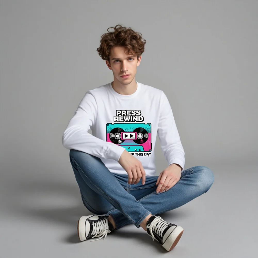 Press Rewind Cassette Tape Long Sleeve Tee - Unisex - Image 4
