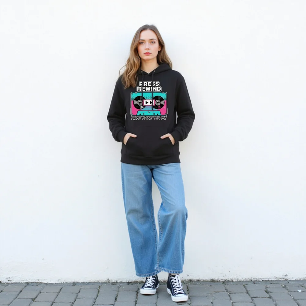 Press Rewind Cassette Hoodie – Unisex Eco-Friendly Pullover - Image 4