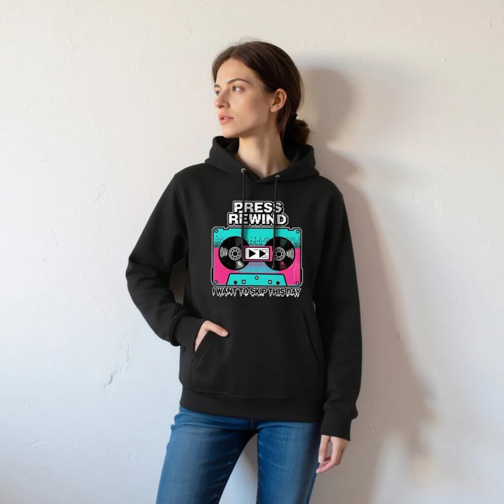 Press Rewind Cassette Hoodie – Unisex Eco-Friendly Pullover - Image 6