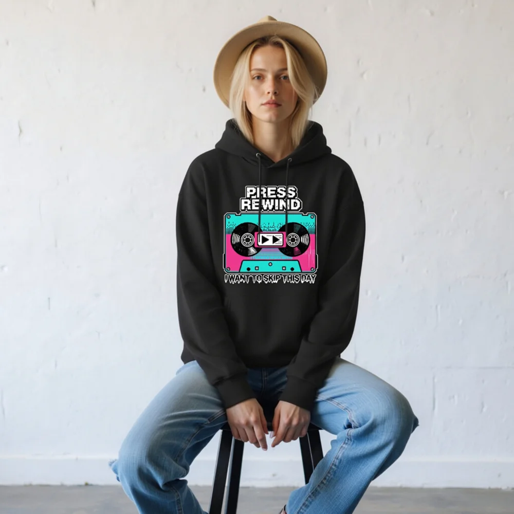 Press Rewind Cassette Hoodie – Unisex Eco-Friendly Pullover - Image 8