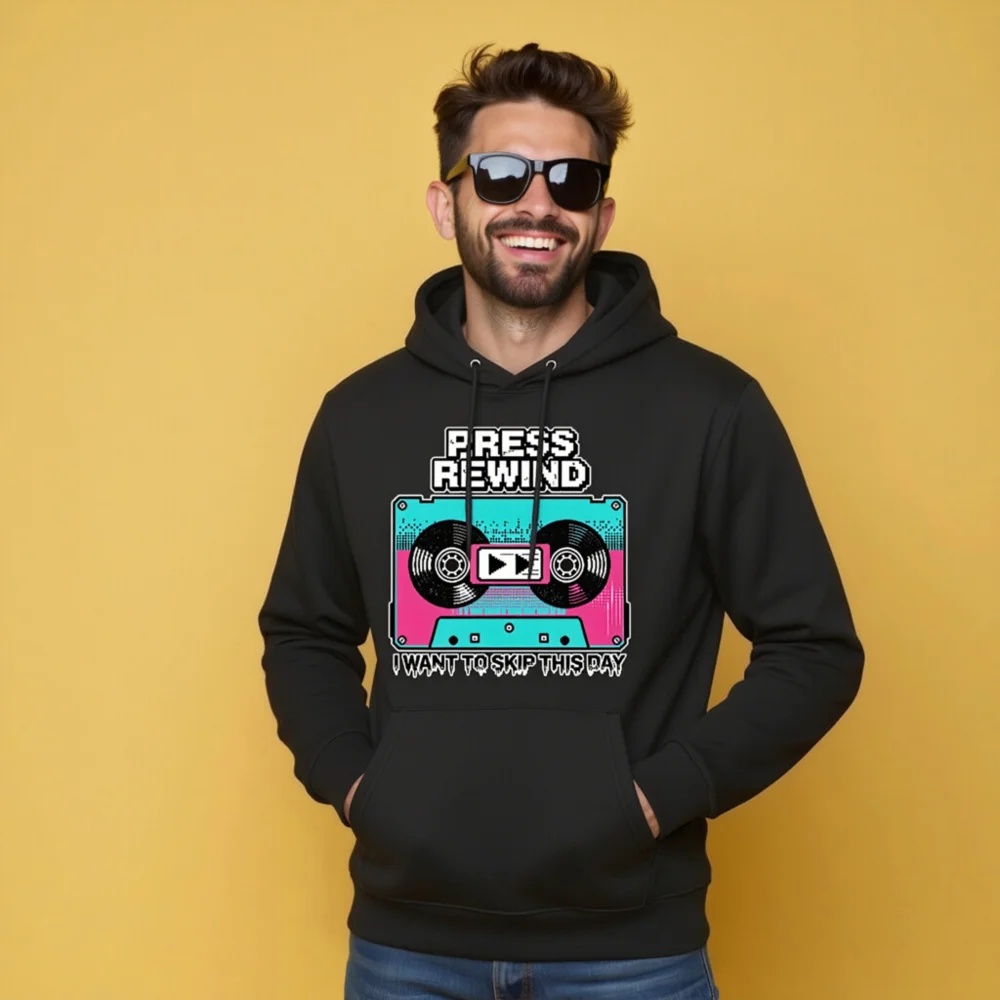 Press Rewind Cassette Hoodie – Unisex Eco-Friendly Pullover - Image 9