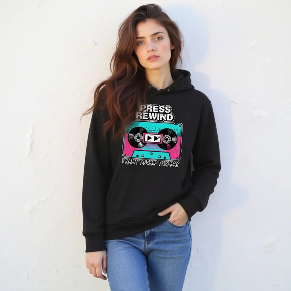 Press Rewind Cassette Hoodie – Unisex Eco-Friendly Pullover - Image 11