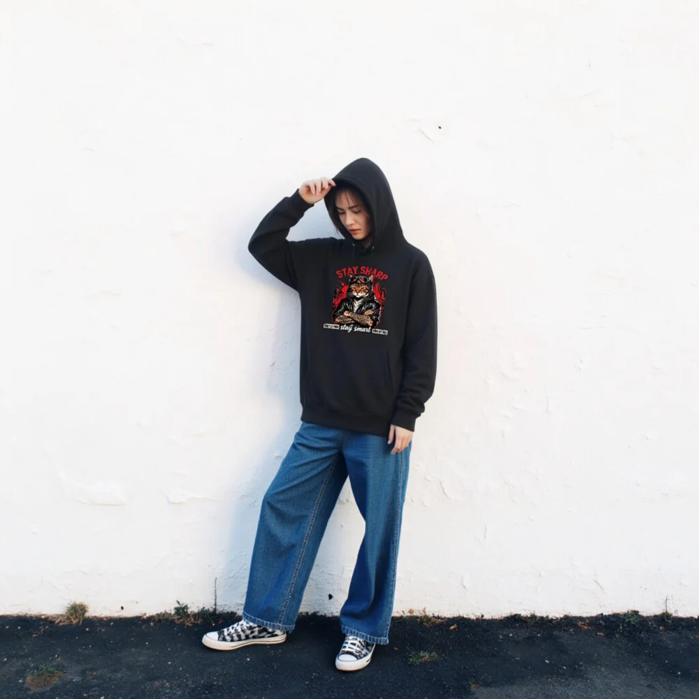 Stay Sharp Cat Hoodie – Unisex Eco-Friendly Graphic Hooded Sweatshirt - Image 2