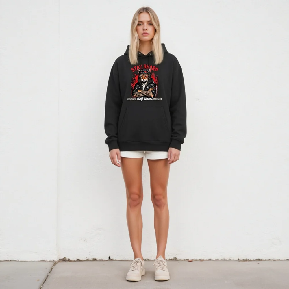 Stay Sharp Cat Hoodie – Unisex Eco-Friendly Graphic Hooded Sweatshirt - Image 5