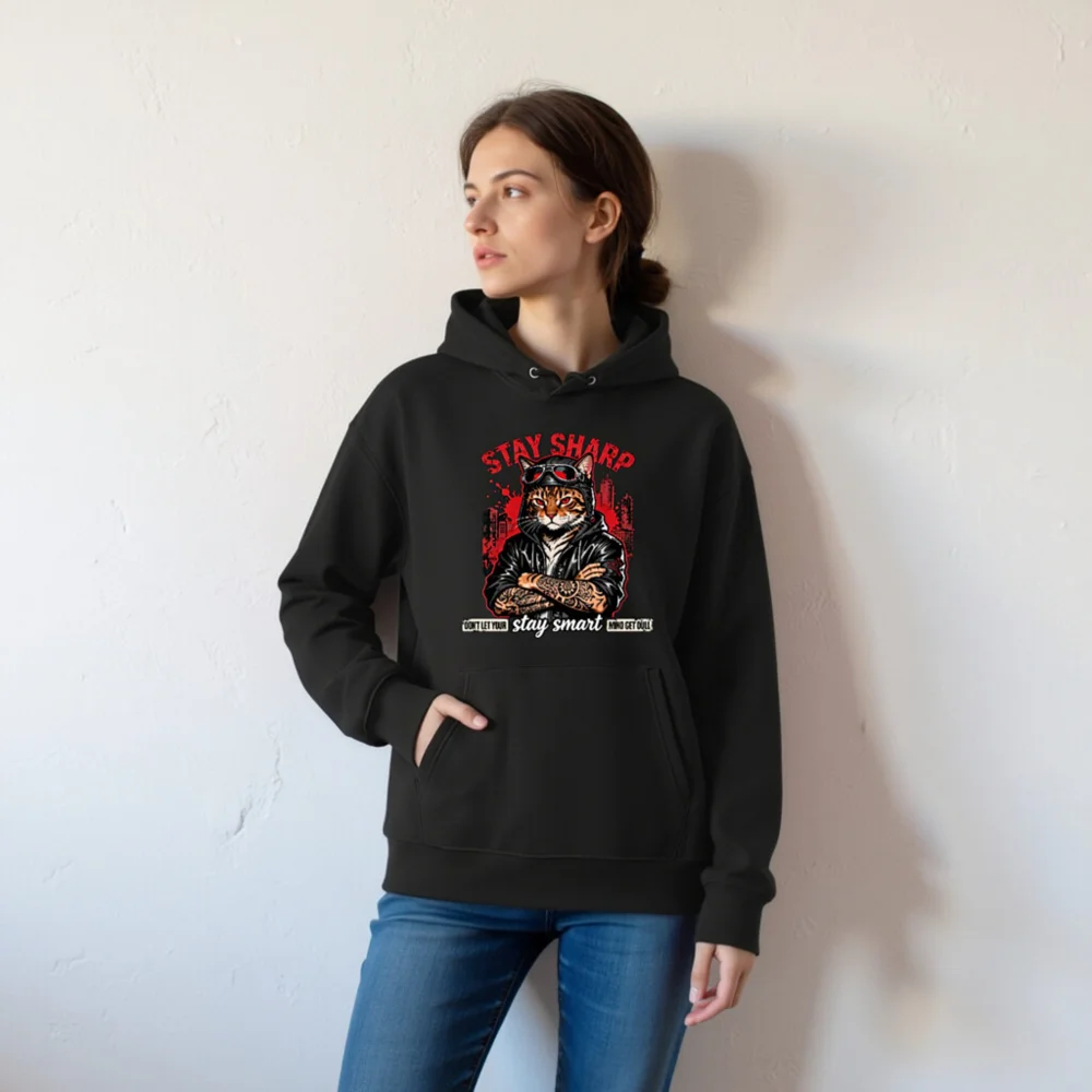 Stay Sharp Cat Hoodie – Unisex Eco-Friendly Graphic Hooded Sweatshirt - Image 6
