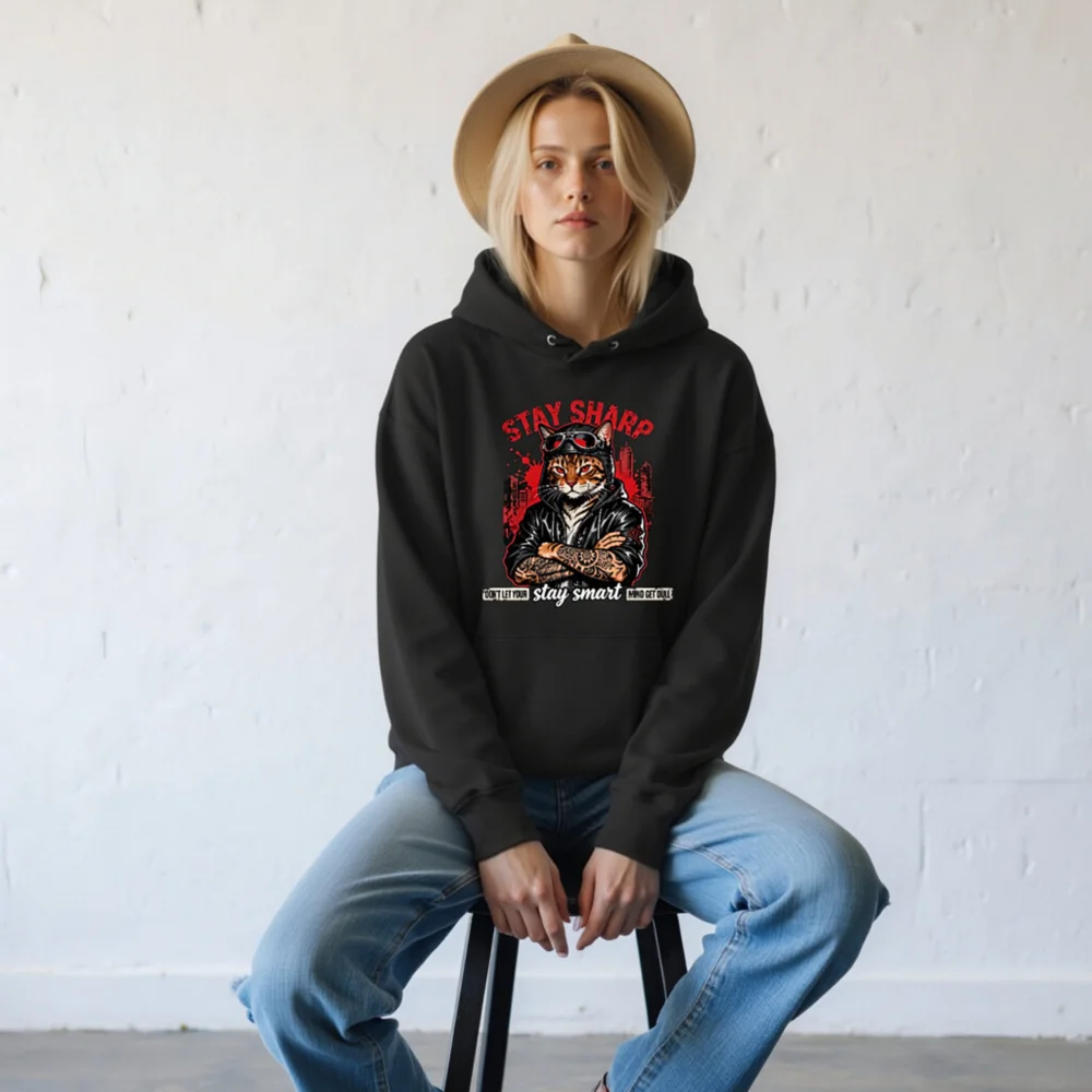 Stay Sharp Cat Hoodie – Unisex Eco-Friendly Graphic Hooded Sweatshirt - Image 8