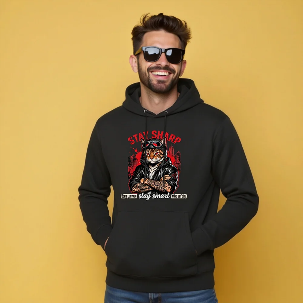 Stay Sharp Cat Hoodie – Unisex Eco-Friendly Graphic Hooded Sweatshirt - Image 9
