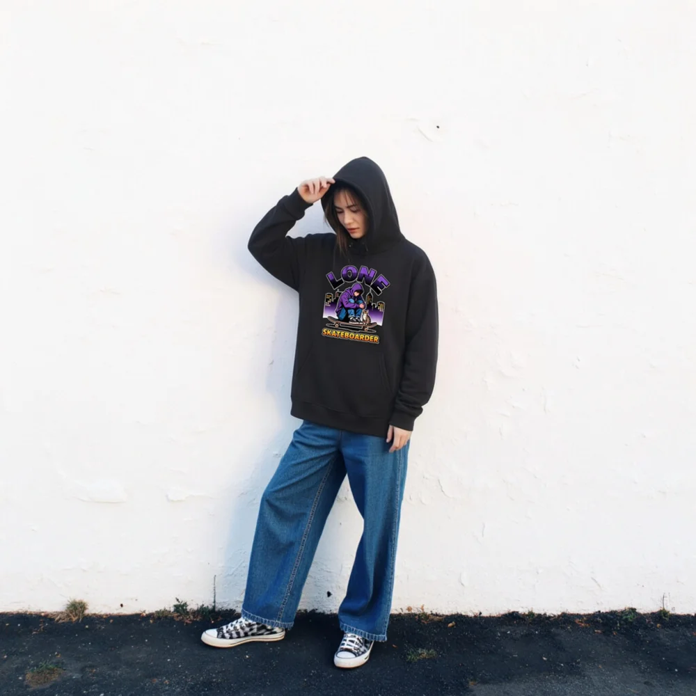 Lone Skateboarder Hoodie – Unisex Eco-Friendly Pullover - Image 2