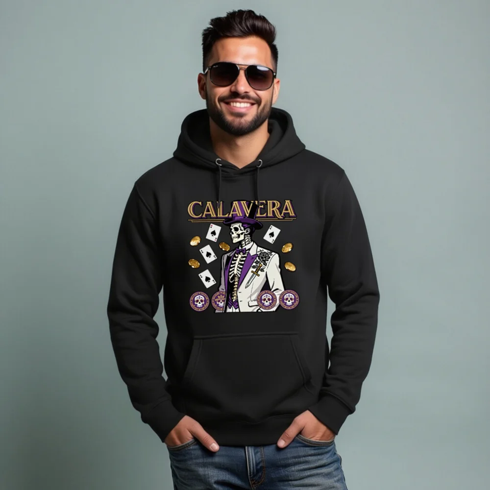 Calavera Skeleton Hoodie – Unisex Premium Pullover with Poker & Day of the Dead Design - Image 7