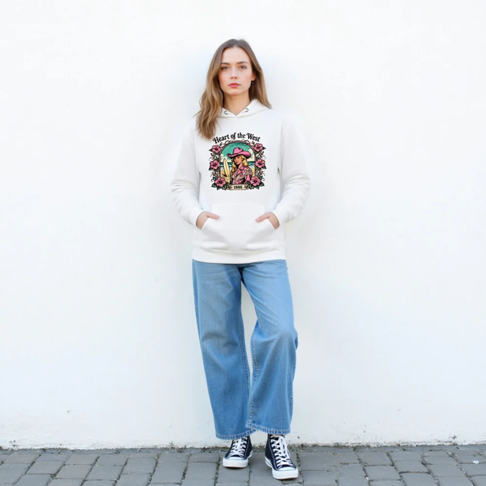 Heart of the West Hoodie – Unisex Premium Pullover with Vintage 1986 Surf & Cowboy Art - Image 4