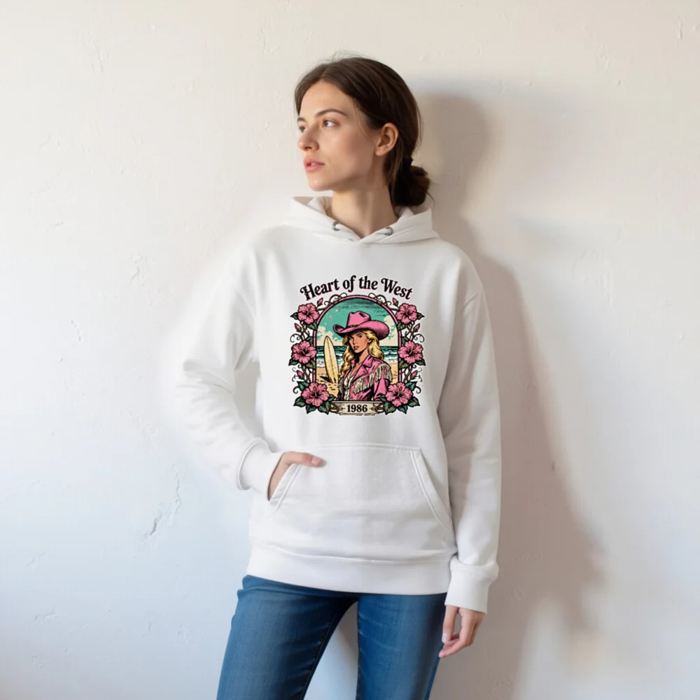 Heart of the West Hoodie – Unisex Premium Pullover with Vintage 1986 Surf & Cowboy Art - Image 6