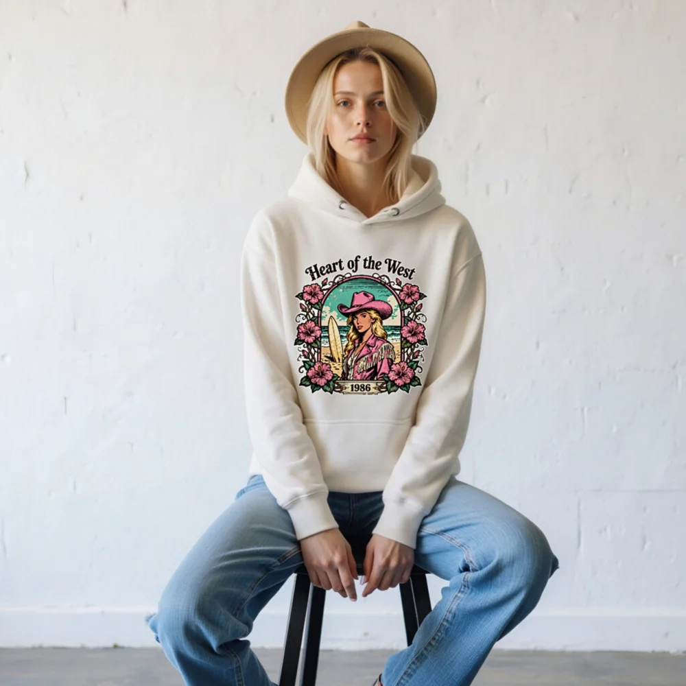 Heart of the West Hoodie – Unisex Premium Pullover with Vintage 1986 Surf & Cowboy Art - Image 9