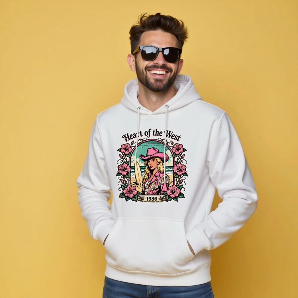 Heart of the West Hoodie – Unisex Premium Pullover with Vintage 1986 Surf & Cowboy Art - Image 10