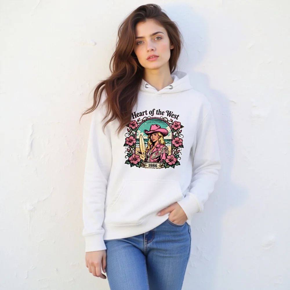 Heart of the West Hoodie – Unisex Premium Pullover with Vintage 1986 Surf & Cowboy Art - Image 11