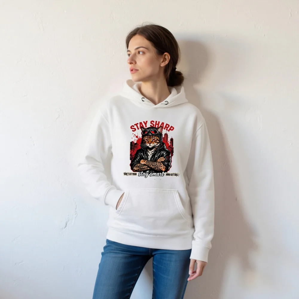 Stay Sharp Cat Hoodie – Unisex Premium Pullover Hoodie - Image 6