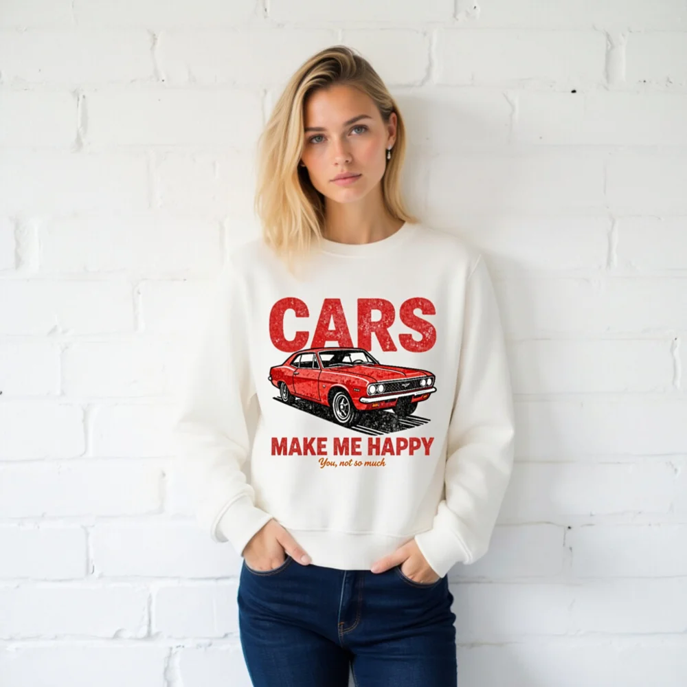 Cars Make Me Happy Sweatshirt – Unisex Organic Cotton Graphic Pullover - Image 2