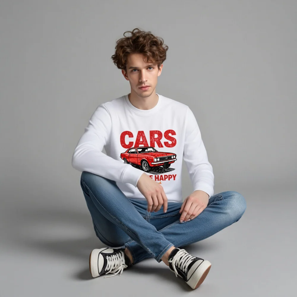 Cars Make Me Happy Sweatshirt – Unisex Organic Cotton Graphic Pullover - Image 4
