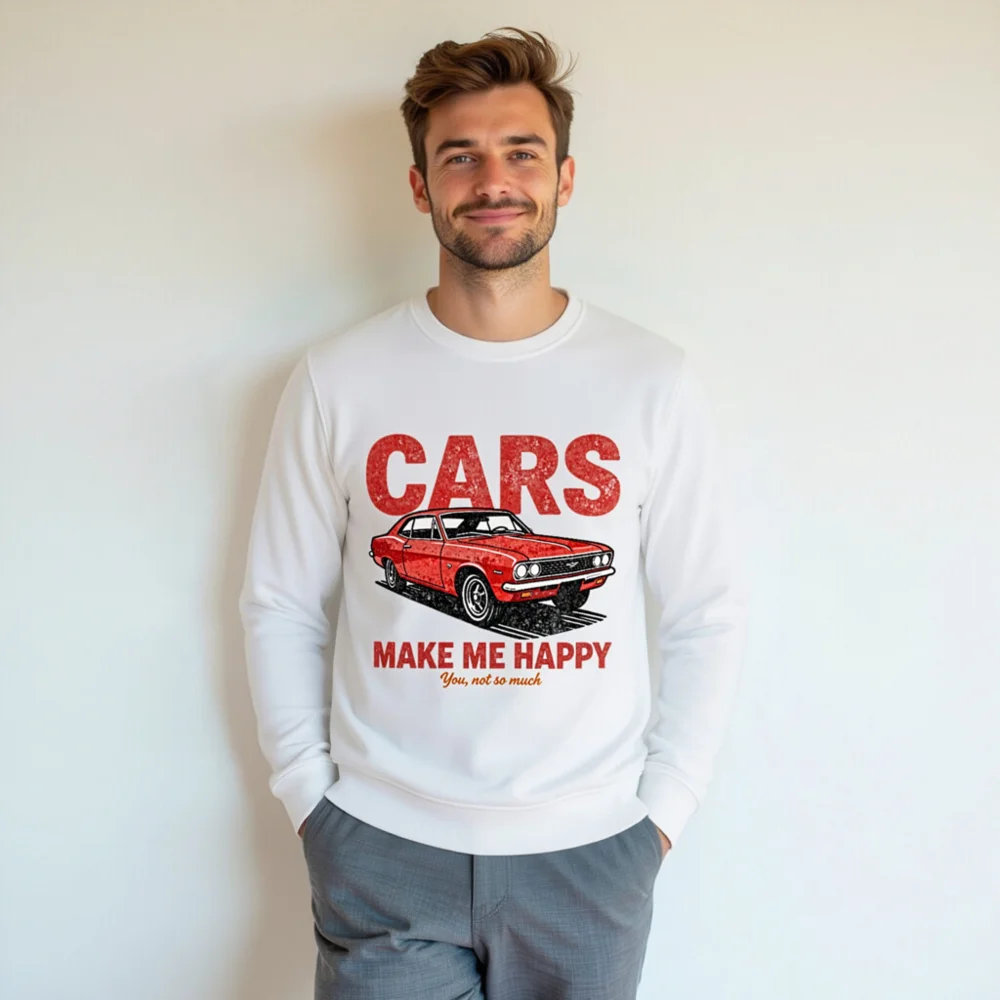 Cars Make Me Happy Sweatshirt – Unisex Organic Cotton Graphic Pullover - Image 7