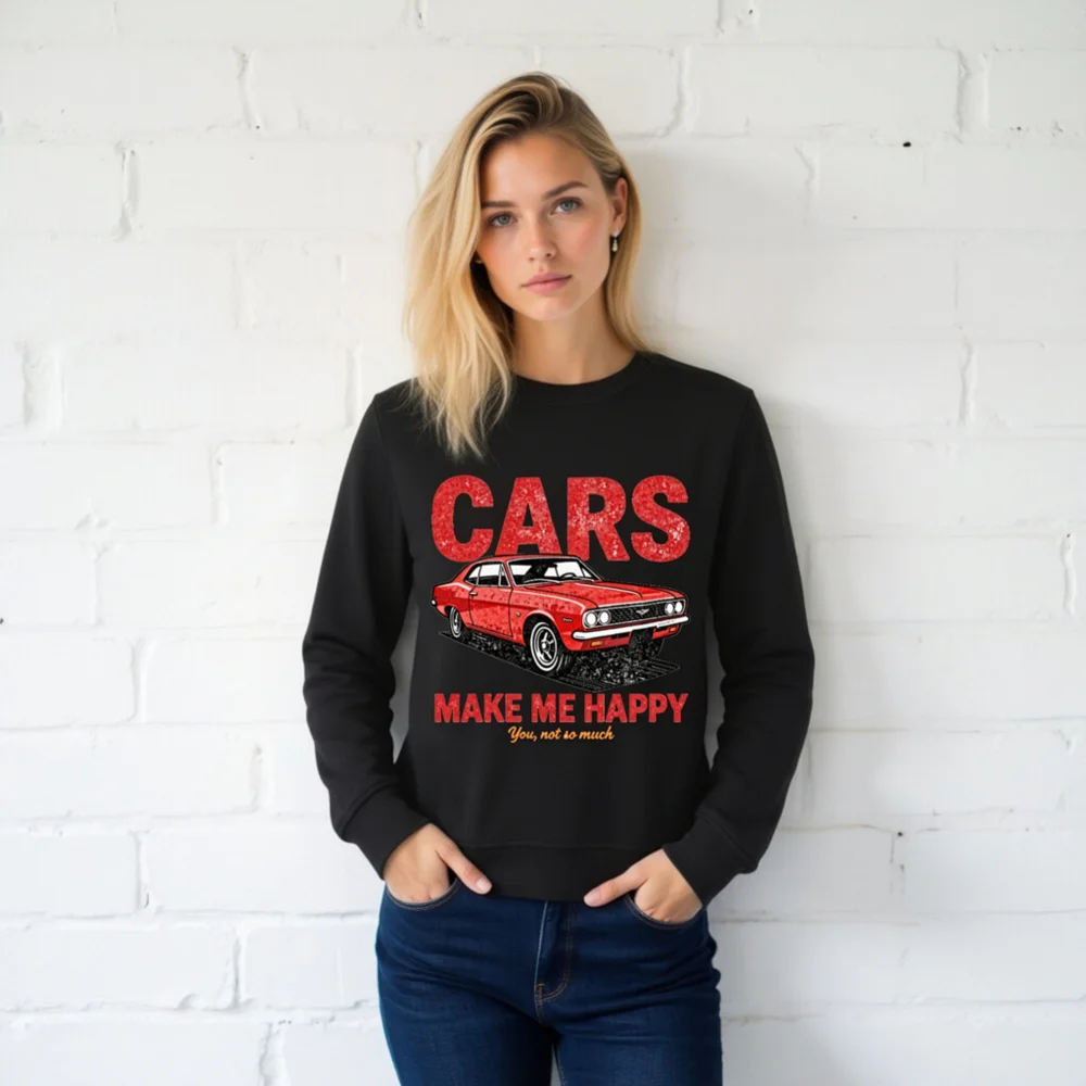 Cars Make Me Happy Sweatshirt – Unisex Organic Cotton Graphic Pullover - Image 2