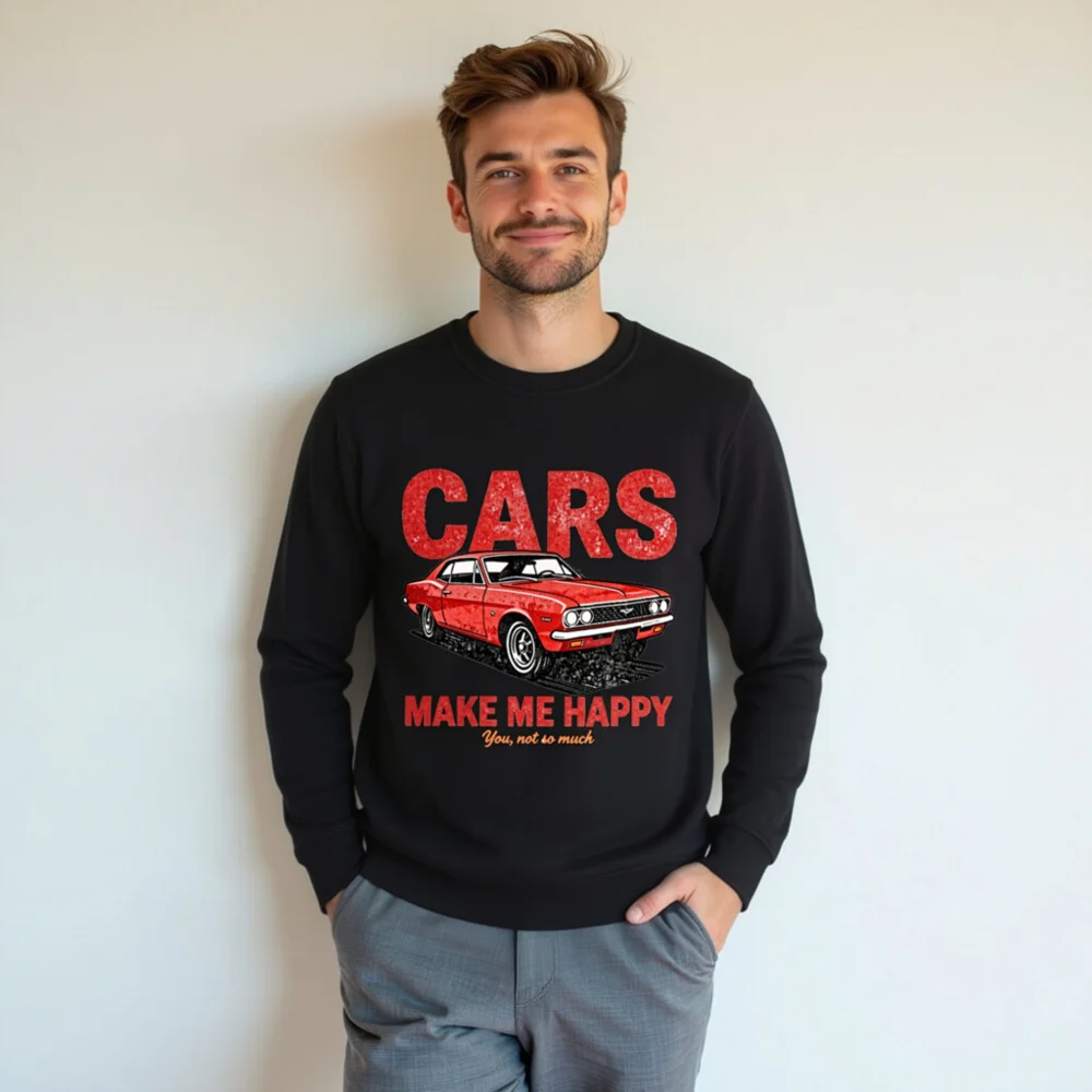 Cars Make Me Happy Sweatshirt – Unisex Organic Cotton Graphic Pullover - Image 7