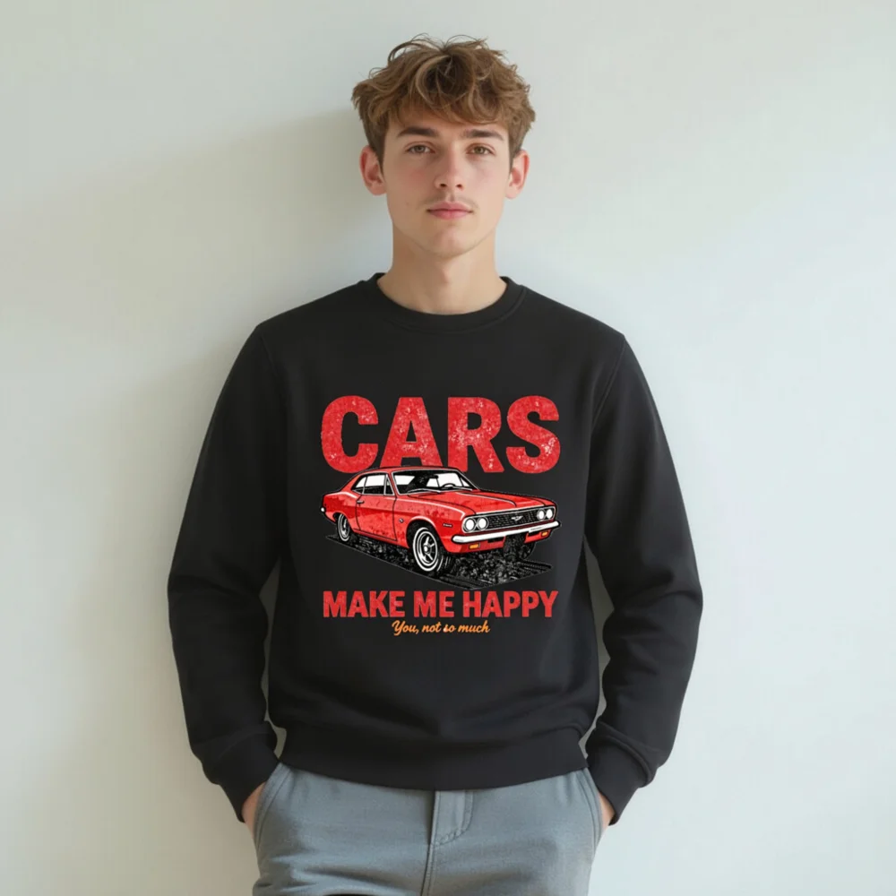 Cars Make Me Happy Sweatshirt – Unisex Organic Cotton Graphic Pullover - Image 8
