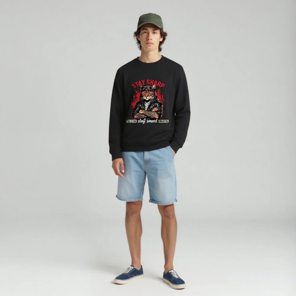 Stay Sharp Cat Sweatshirt – Unisex Organic Hoodie for Men & Women - Image 3