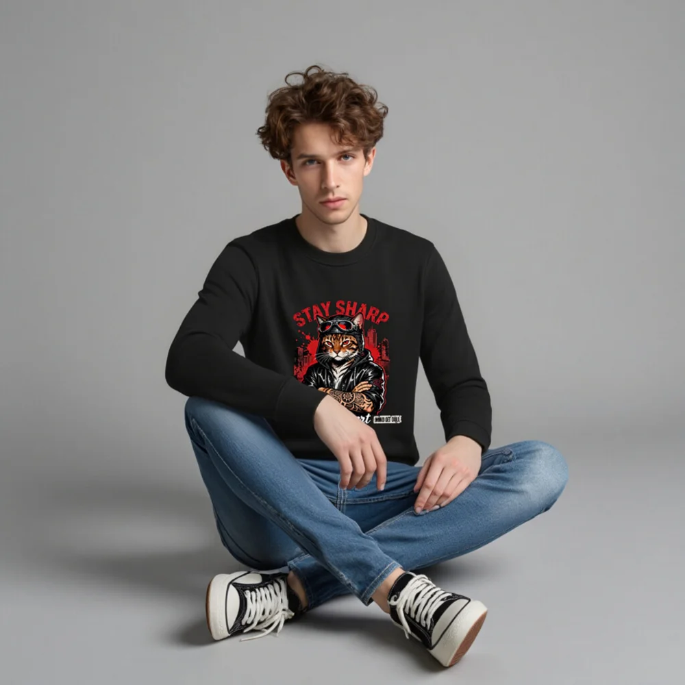 Stay Sharp Cat Sweatshirt – Unisex Organic Hoodie for Men & Women - Image 4