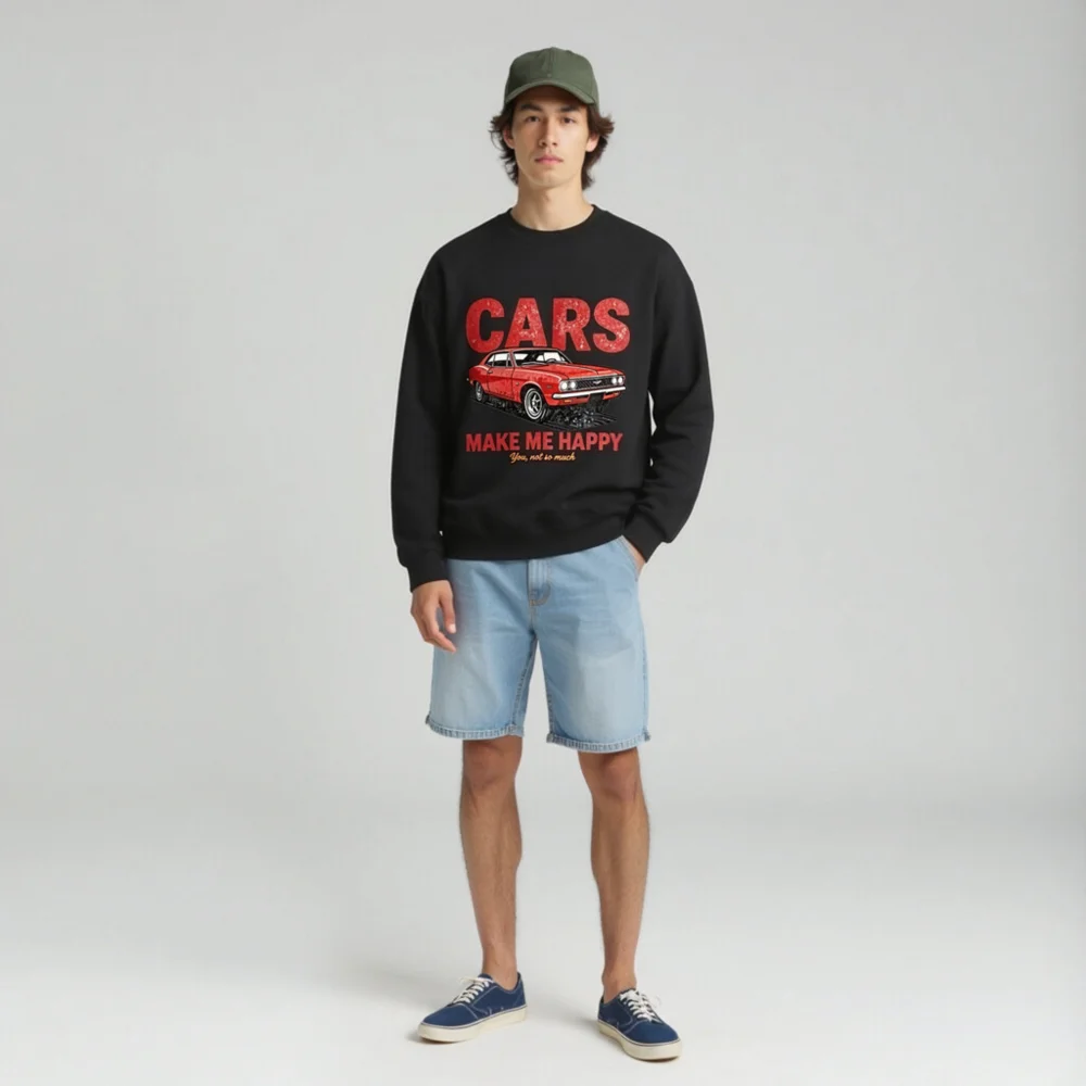 Cars Make Me Happy Sweatshirt – Unisex Vintage Car Graphic Crewneck - Image 3